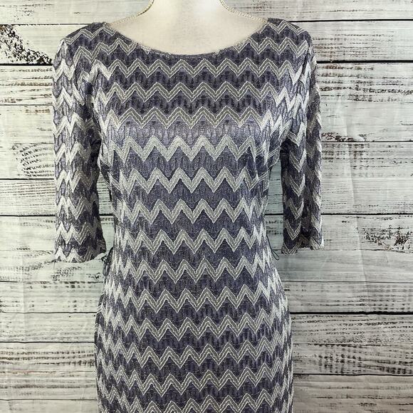 Connect Apparel Dress sz 10 Lilac Silver Gold Chevron Lace Straight Stretch Knee - Picture 7 of 11